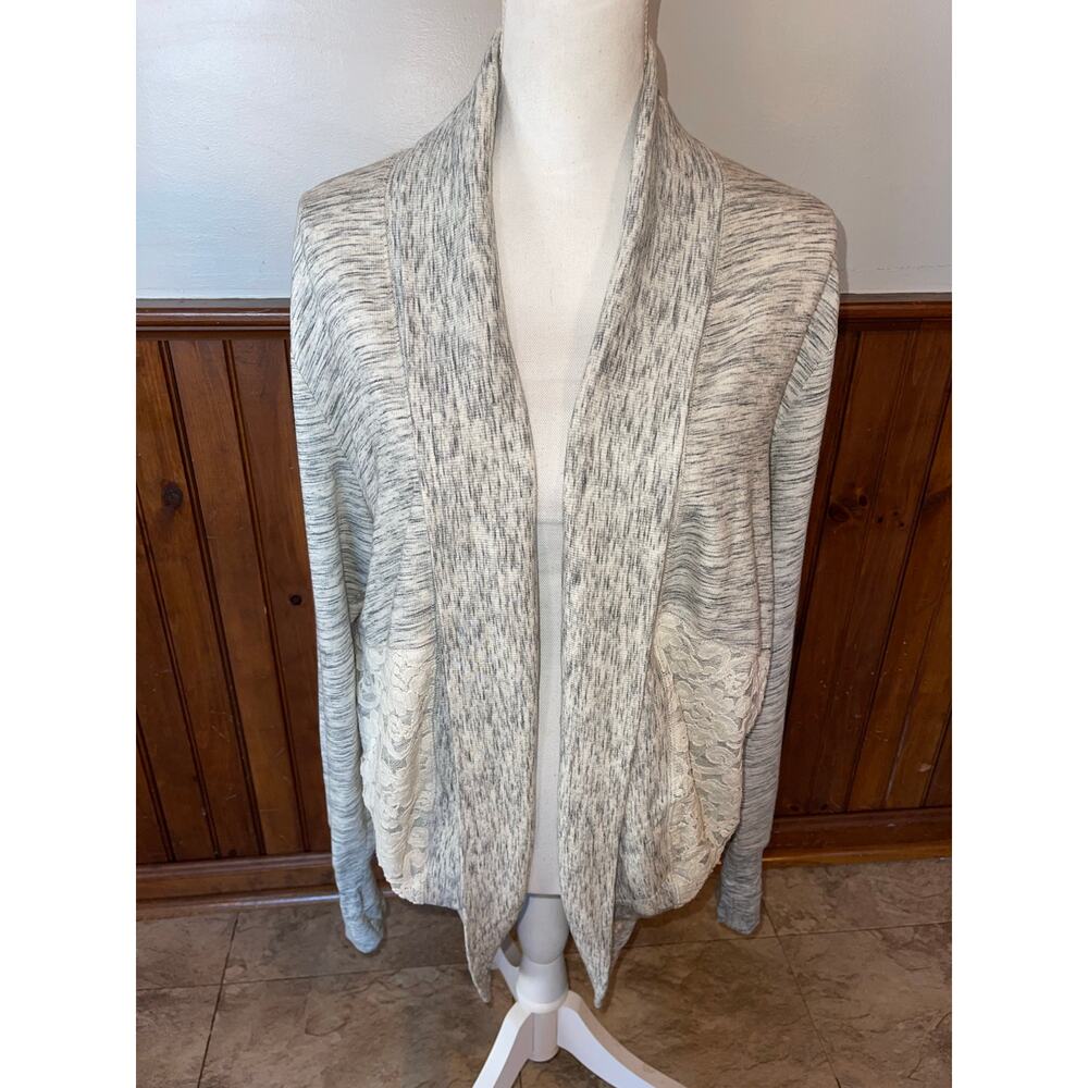 Womens Anthropologie Saturday Sunday Gray Cream Lace Quilted Open Cardigan L‎